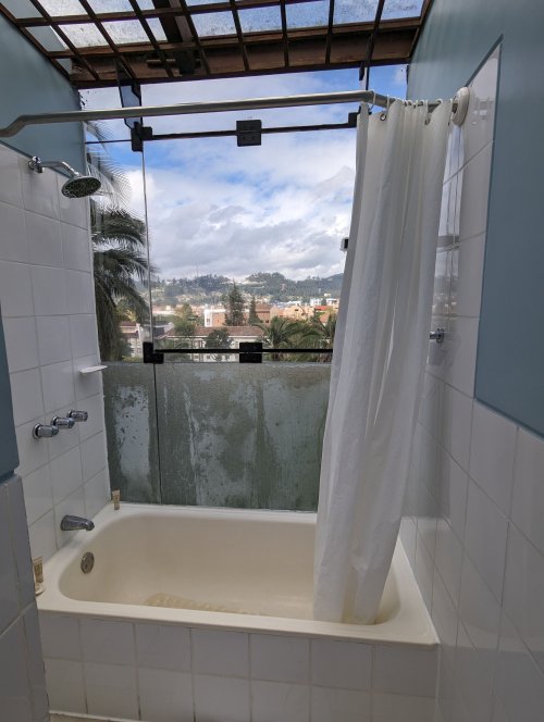 Hotel bathroom with a little too much glass